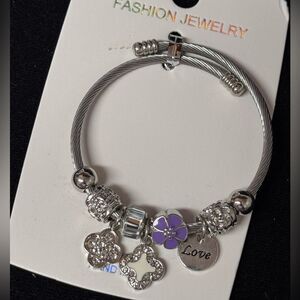 Stainless Steel  White & Purple Floral Clover Love Charm Bracelet